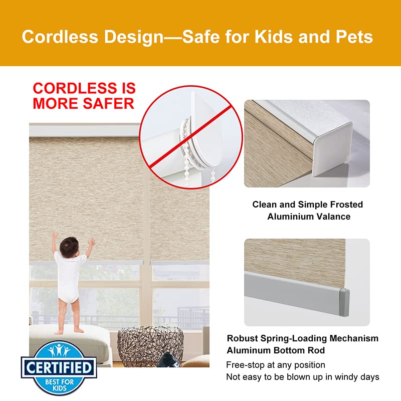 Persilux Free-Stop Cordless Roller Blinds for Windows Roller Shades Light Filtering Shades (Khaki 26 x 72) Natural Woven Fabric UV Protection Thermal Insulation Roller Window Shades for Home Doors